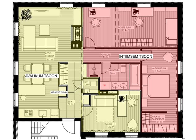 Näide uuest ruumiplaneeringust. Varem koosnes korter kahest eraldi seisvast korterist.